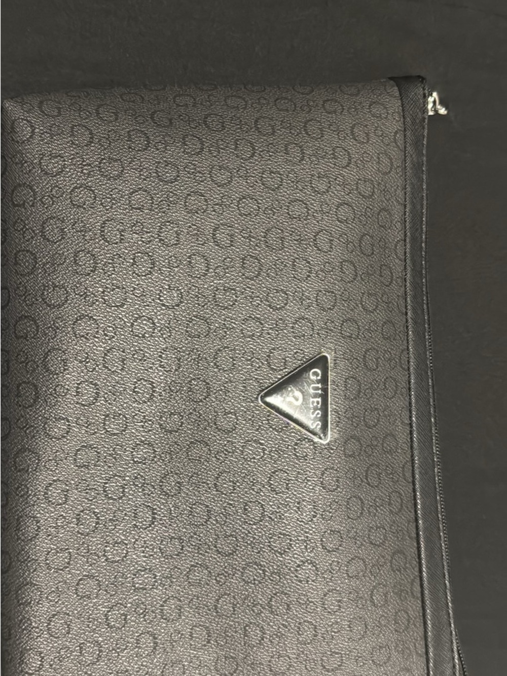 GUESS Black Monogram Toiletry Pouch with Silver Triangle Logo